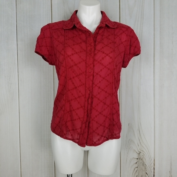 Y2K Roxy Red Eyelet Embroidery Cotton Blouse Size Large Juniors - Picture 2 of 10